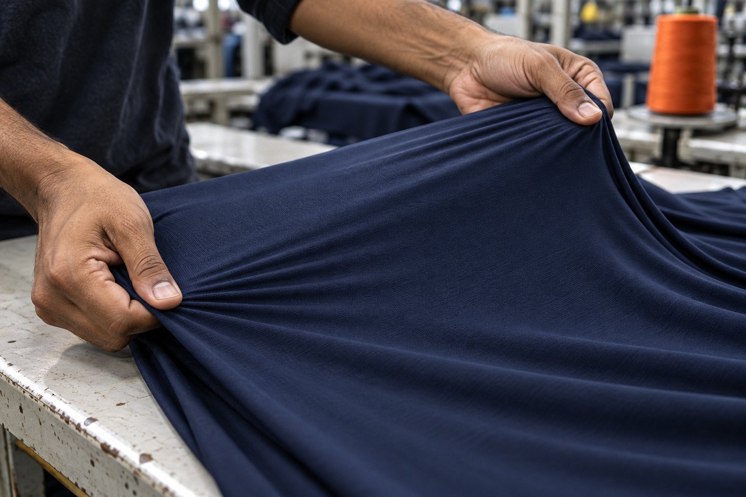 Hands stretching navy performance fabric