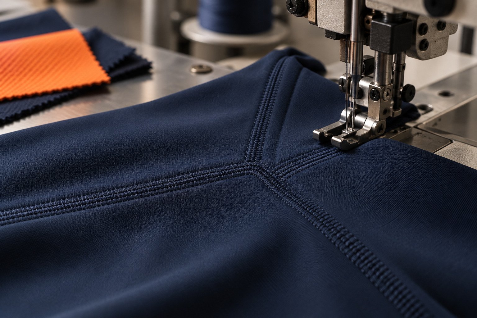 Flatlock seam being sewn on navy activewear