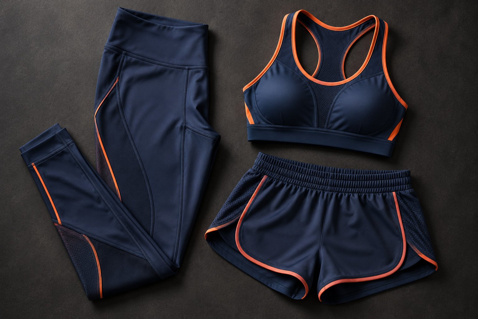 Navy activewear set with leggings, sports top and shorts