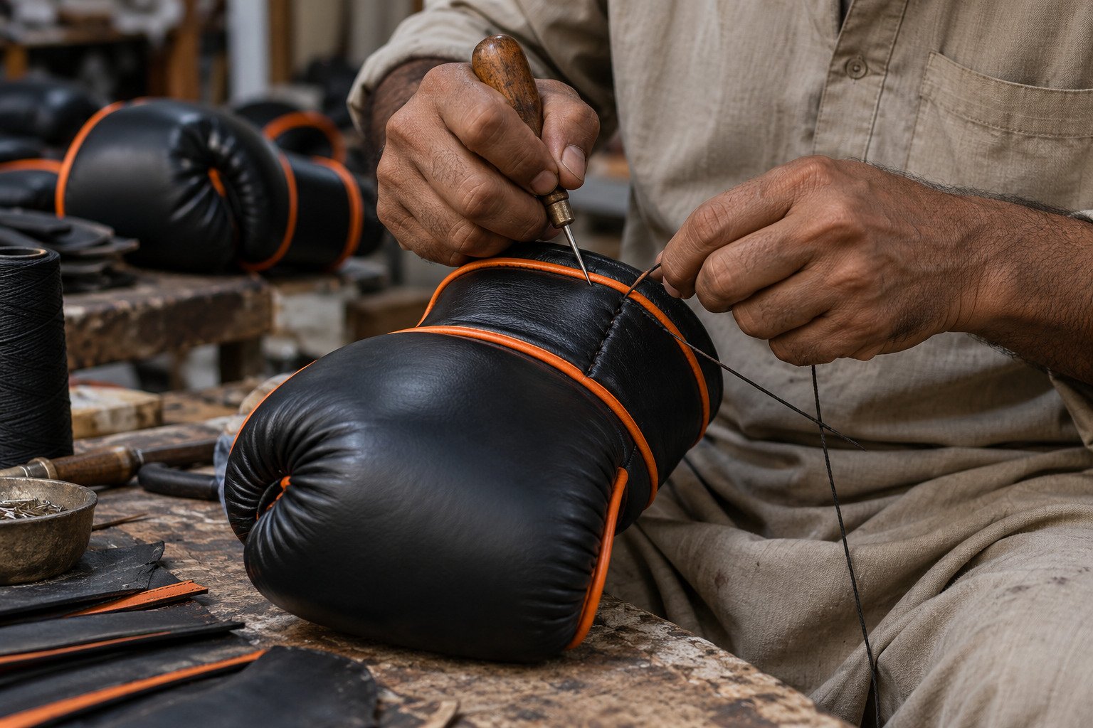 Hand stitching the cuff of a leather boxing glove