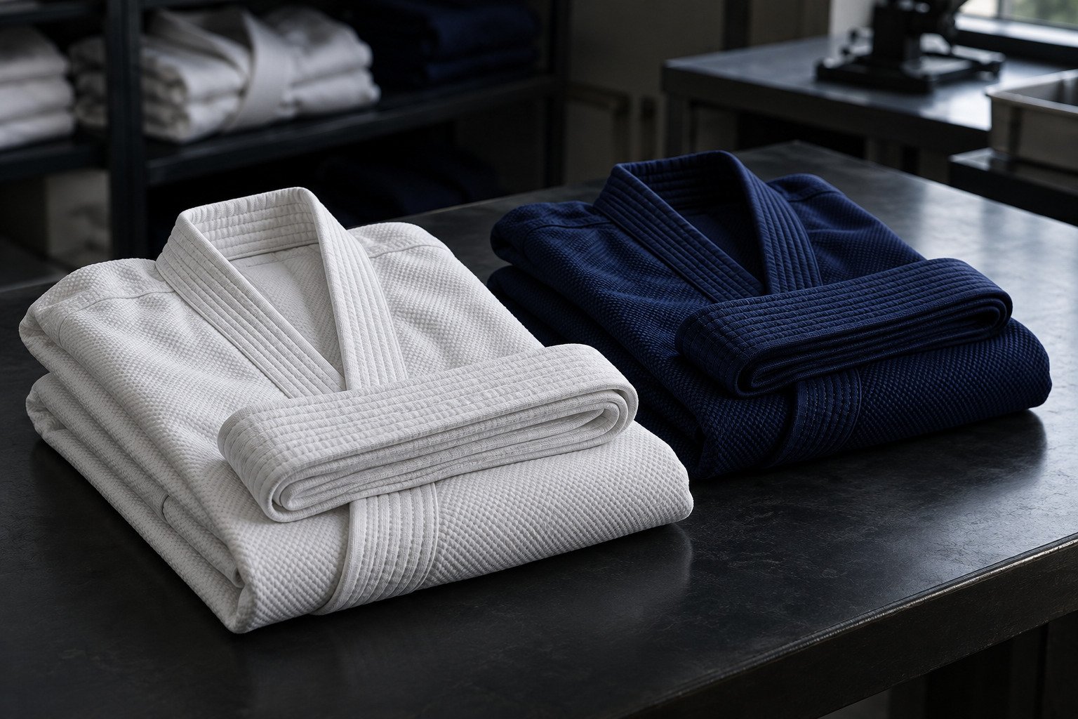 Folded white and navy martial arts uniforms