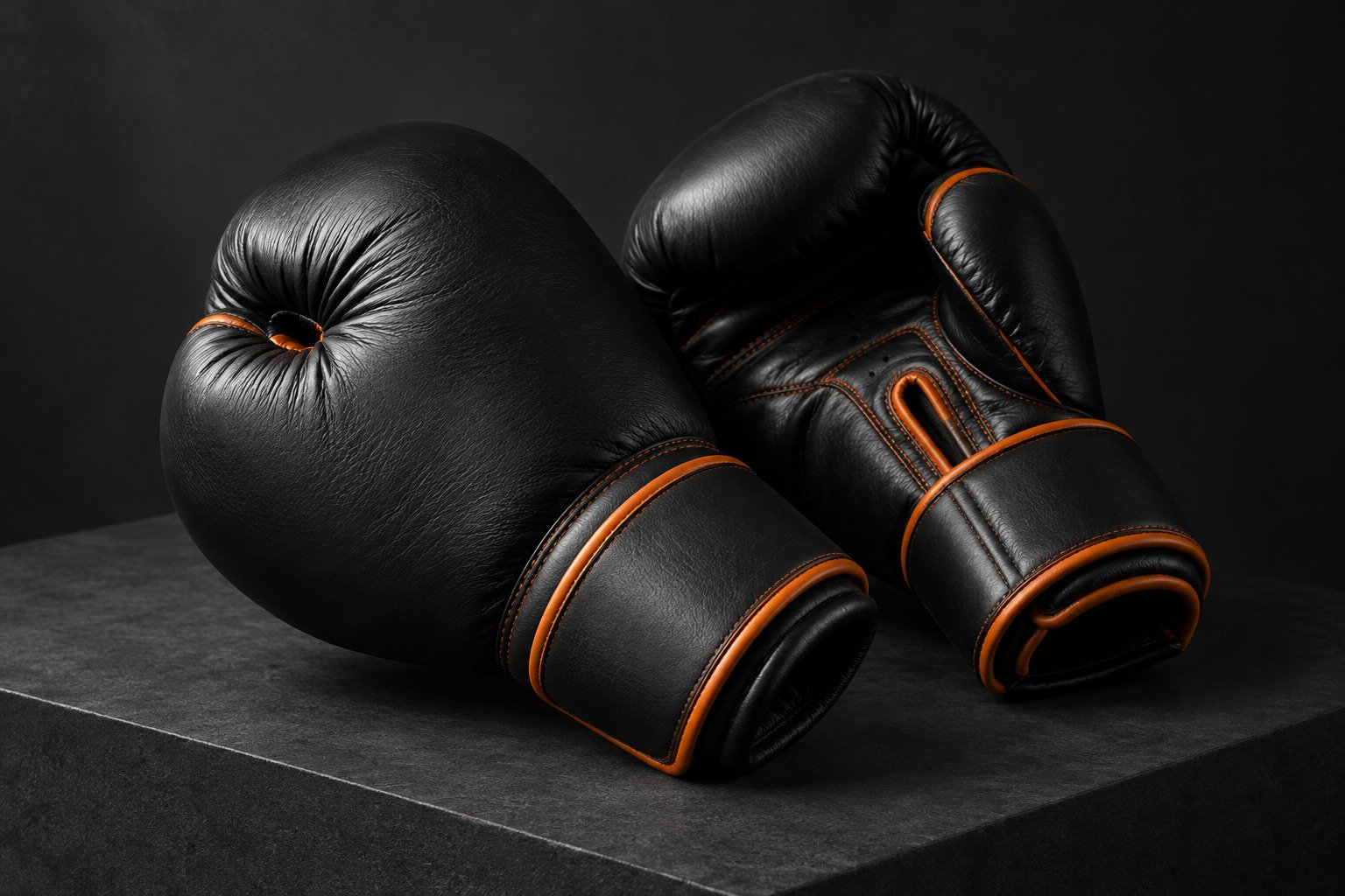 Pair of black leather boxing gloves with orange trim