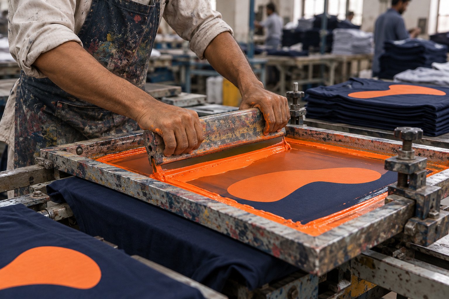 Screen printing orange ink onto navy fabric