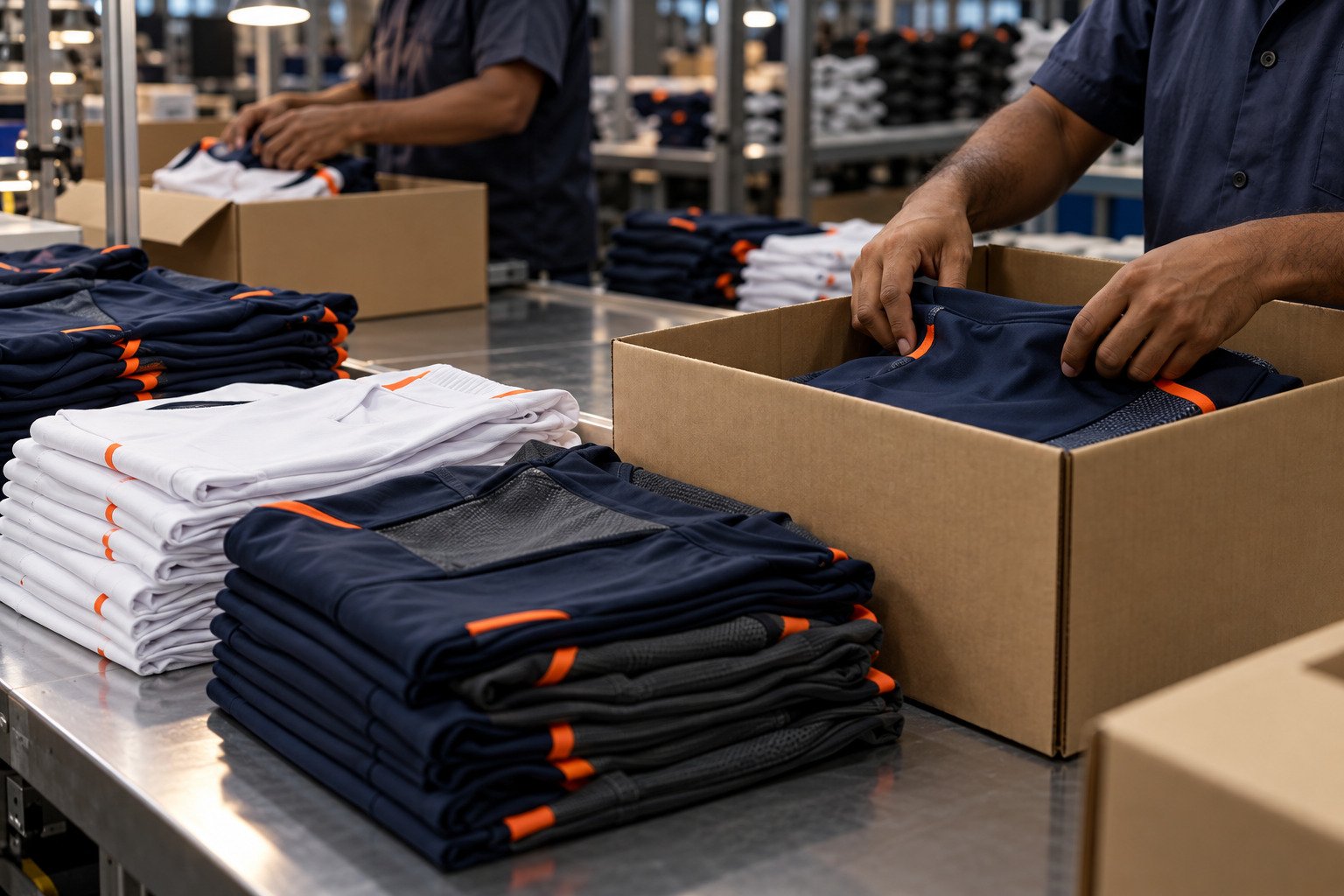 Folded garments being packed into plain boxes