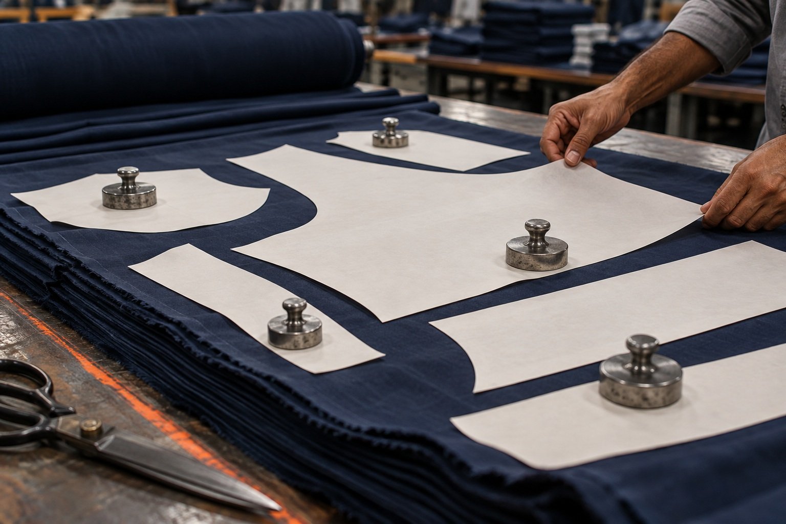 Blank pattern pieces on navy fabric