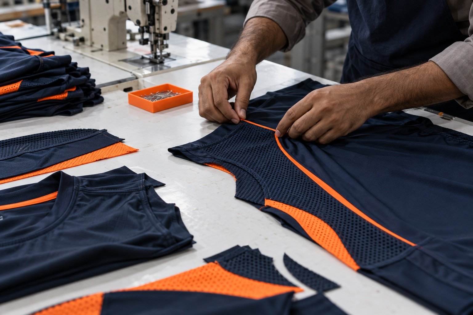 Garment panels being aligned on an apparel worktable