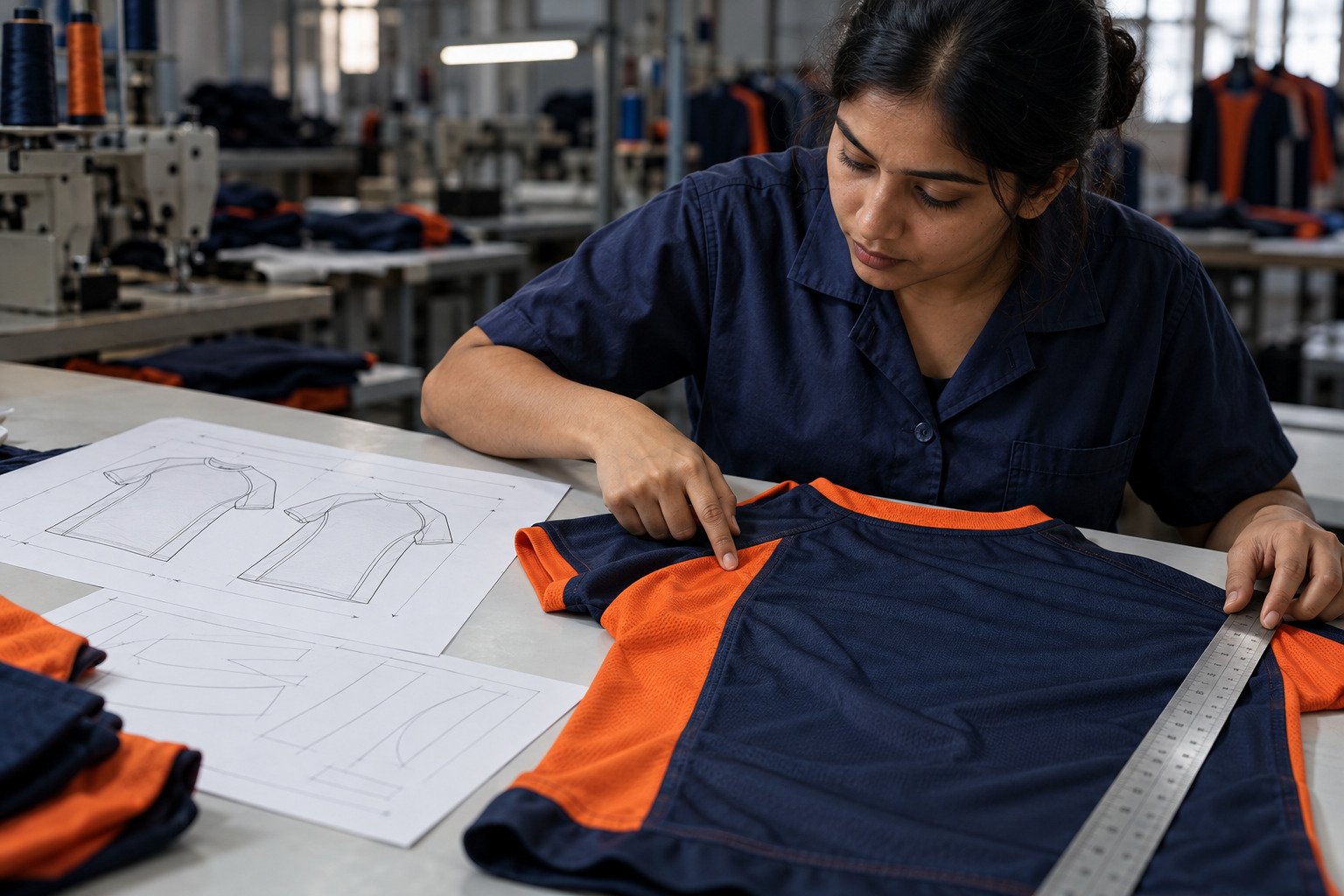 Technician checking a spec sheet against a garment