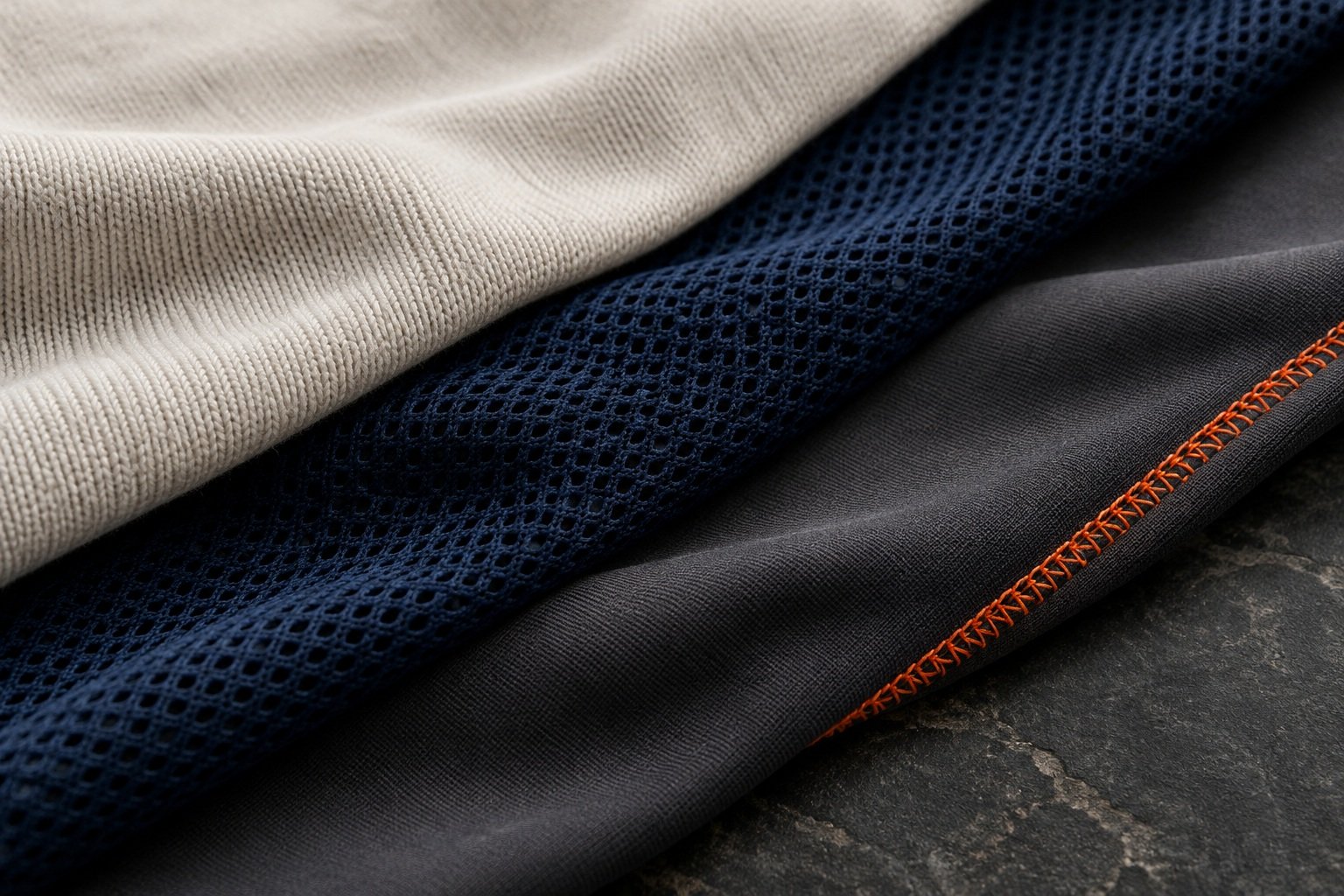 Cotton knit polyester mesh and stretch fabric swatches