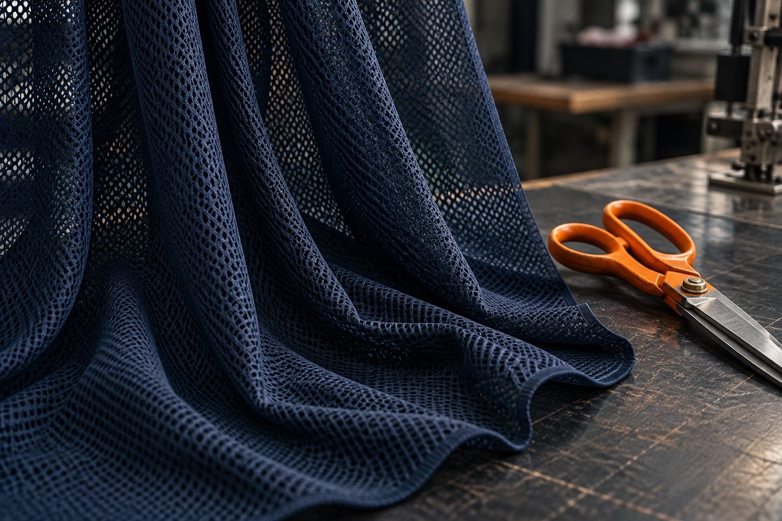 Navy mesh fabric folds on a cutting bench