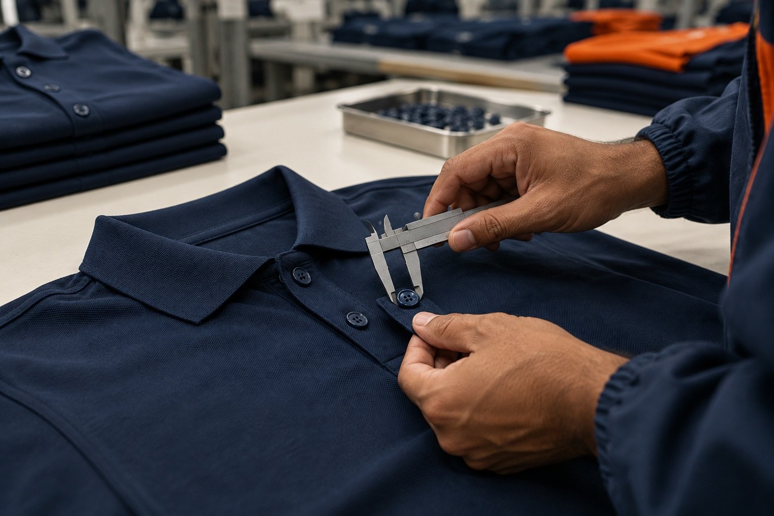 Polo shirt placket being checked during sample review