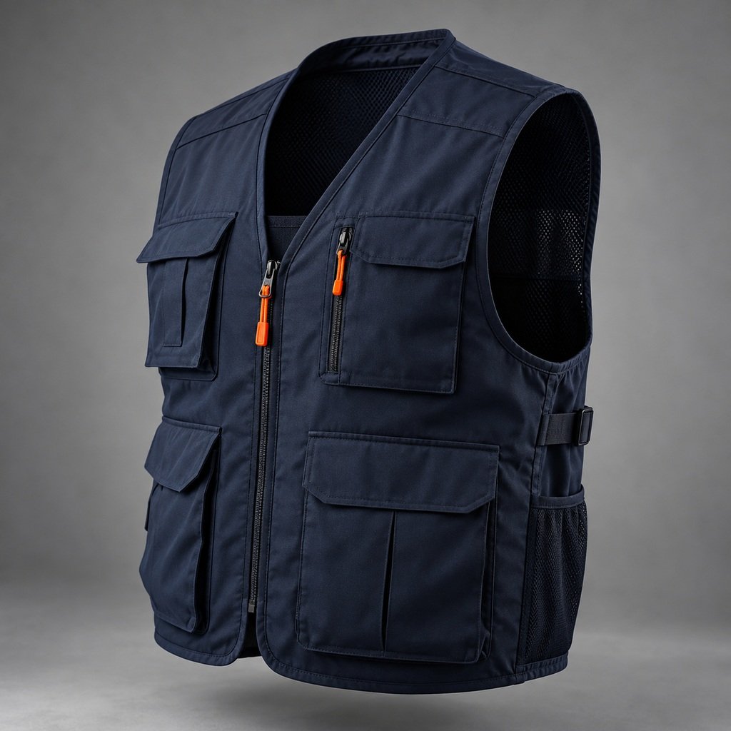 Unarmored navy utility vest with fabric pockets