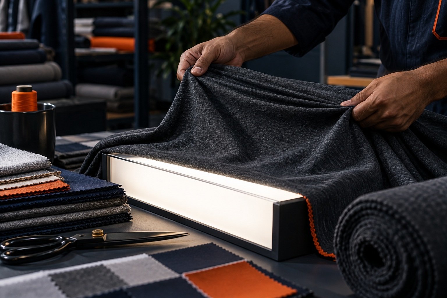 Stretch knit material being assessed