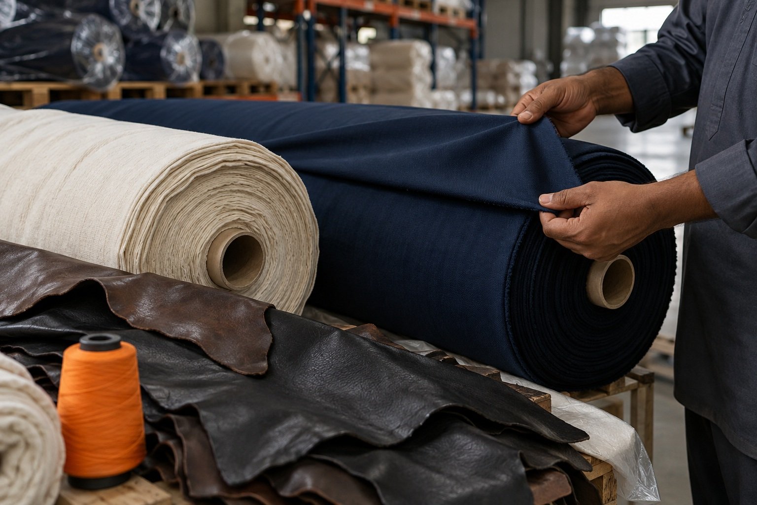 Incoming fabric and leather materials being inspected
