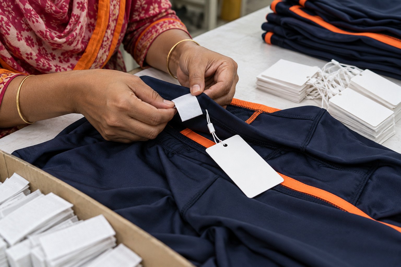 Blank labels and hang tags being attached to garments