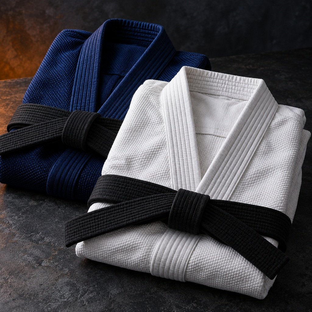 Folded white and navy martial arts uniforms with plain belts