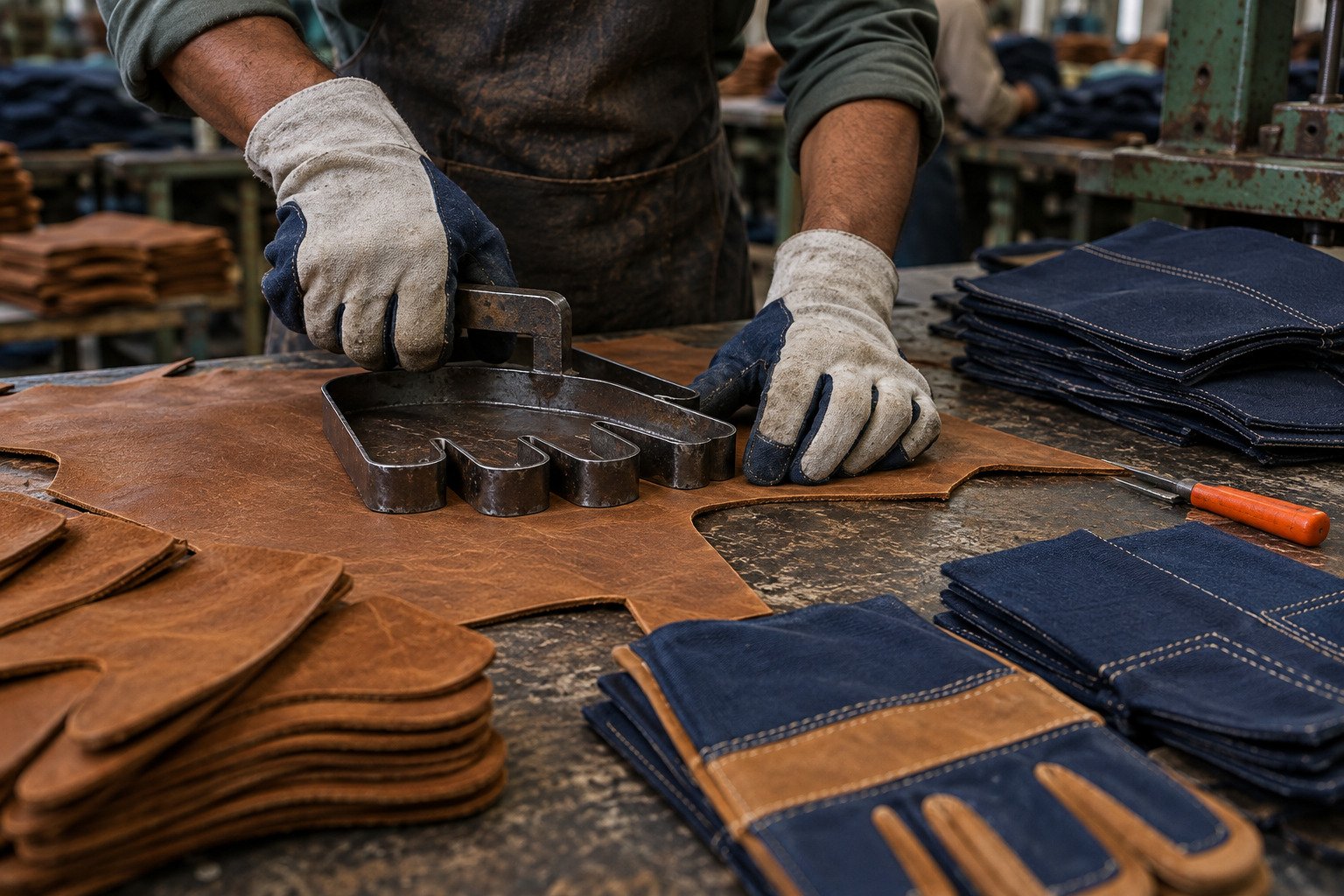Cutting leather and canvas for work gloves