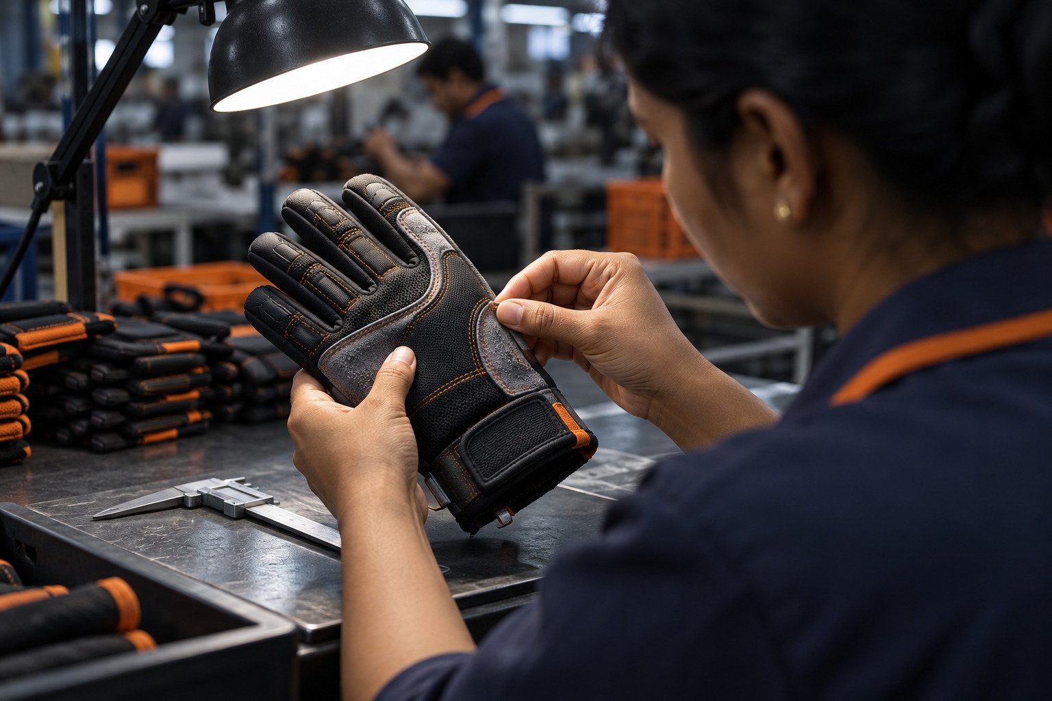 Inspector checking the stitching of a work glove
