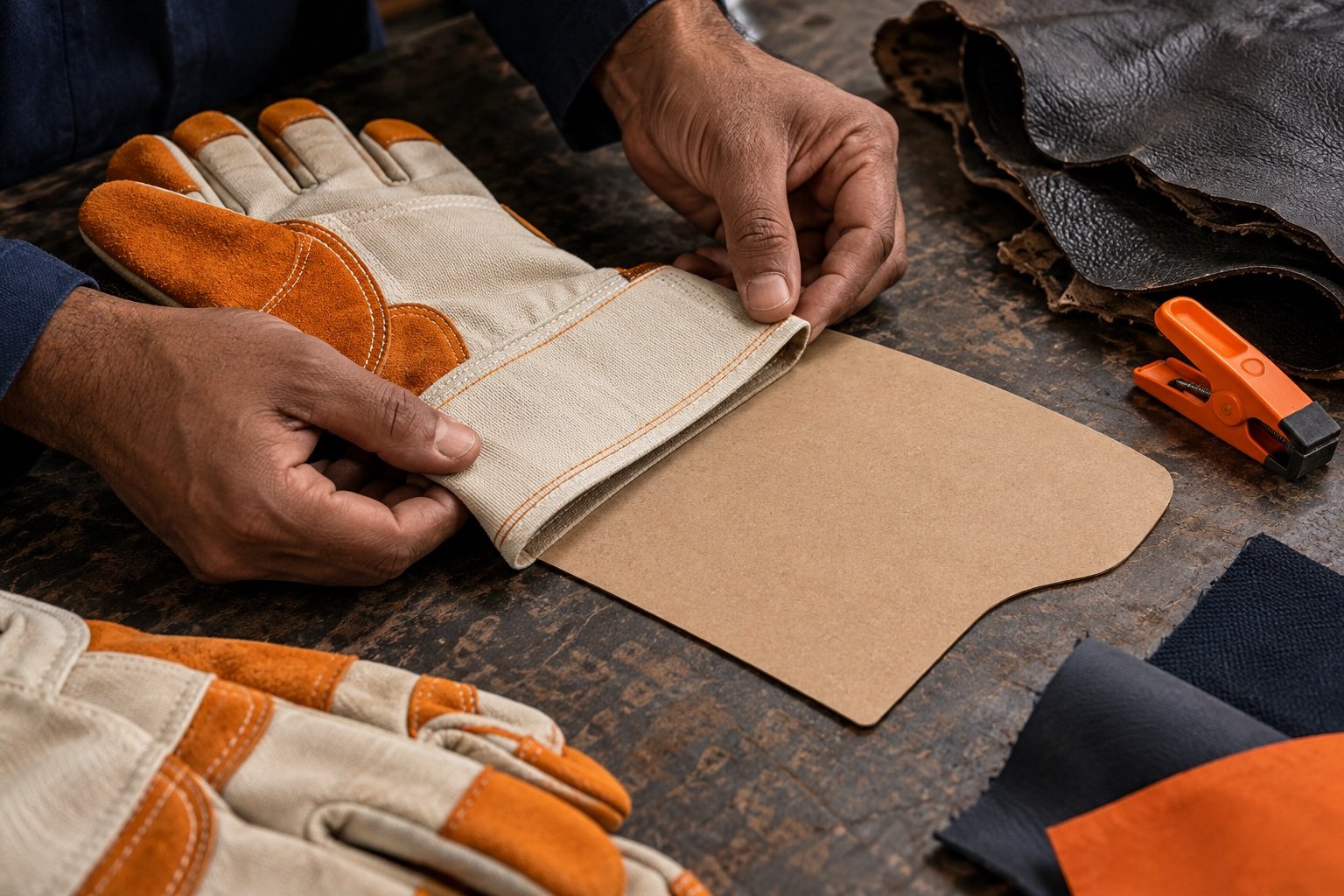 Work glove wrist hem being checked
