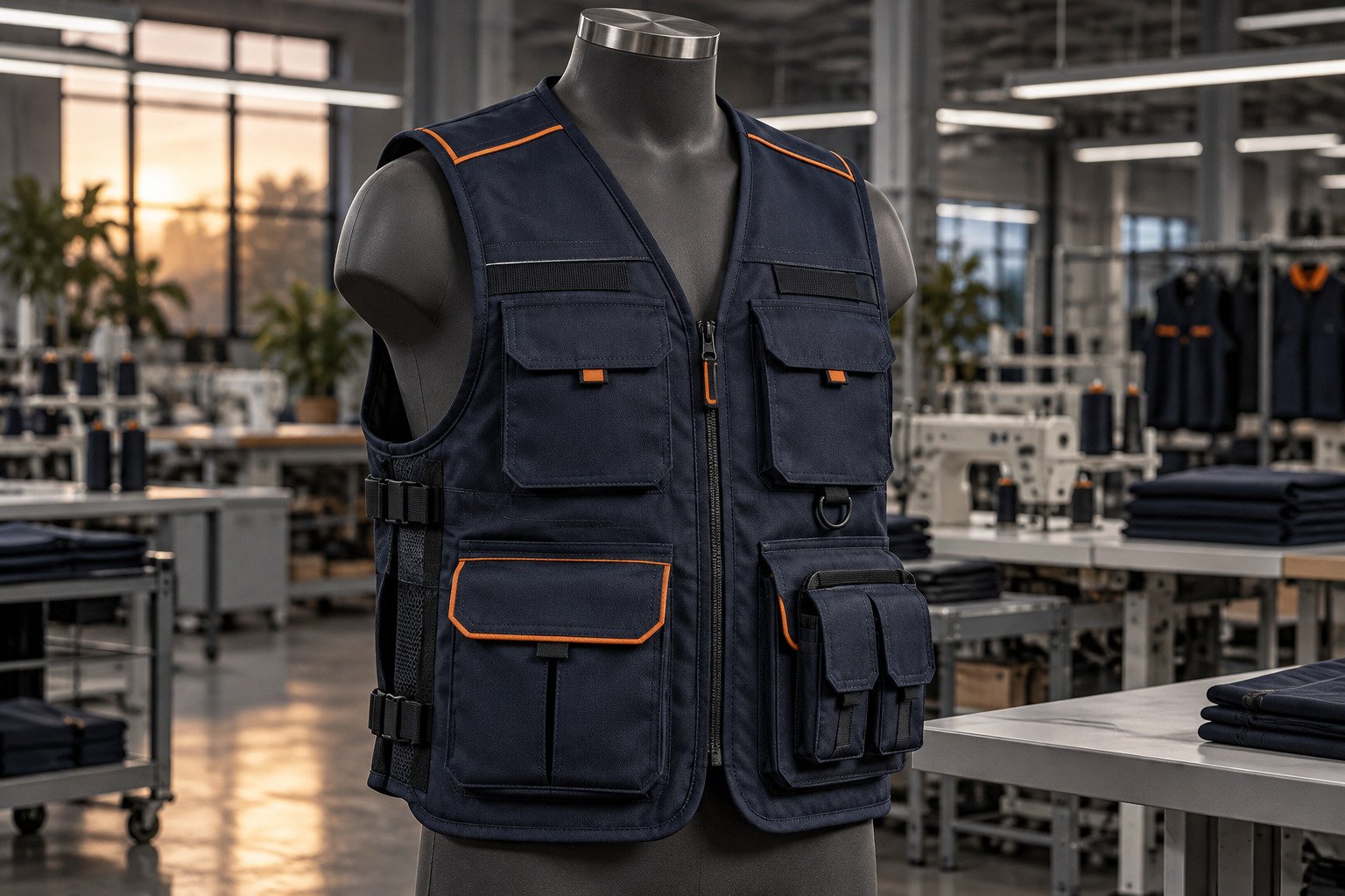 Navy utility vest with orange trim on a mannequin