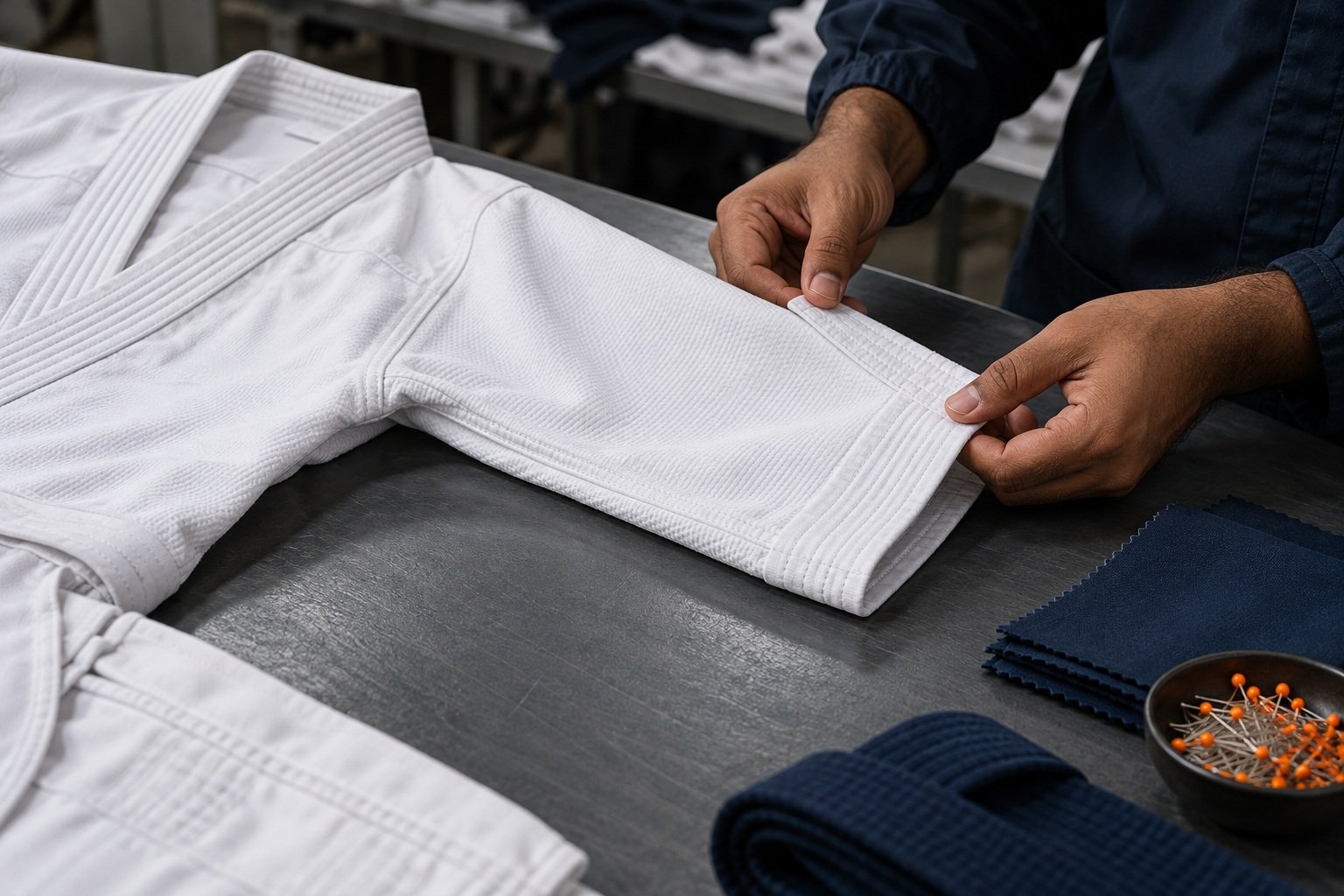 Uniform sleeve construction being checked during sample review