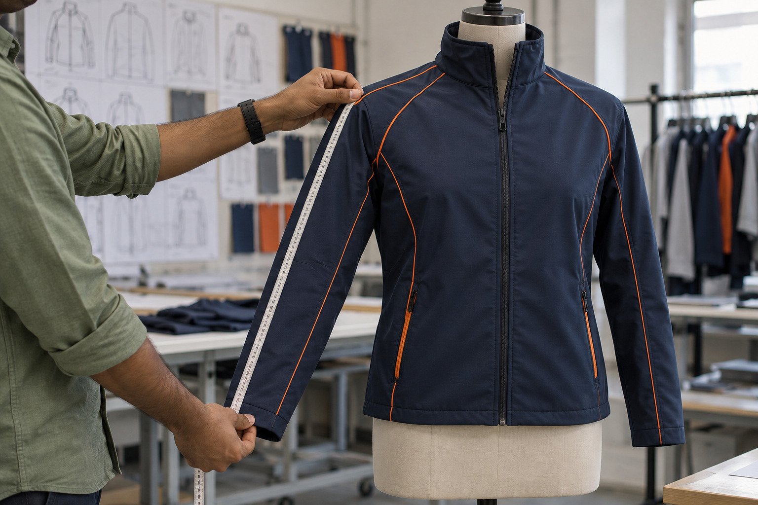 Sample jacket on a mannequin being measured