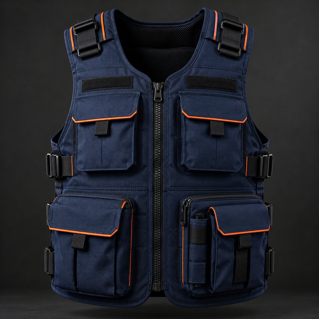 Navy utility vest with orange trim