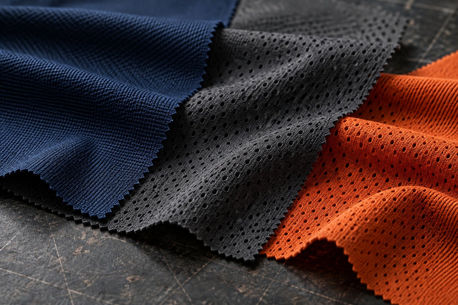 Close-up of navy, grey and orange sportswear mesh fabrics