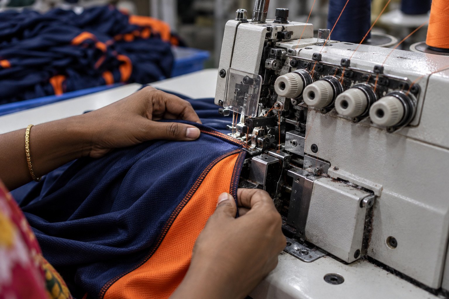 Overlock machine stitching the seam of a navy jersey