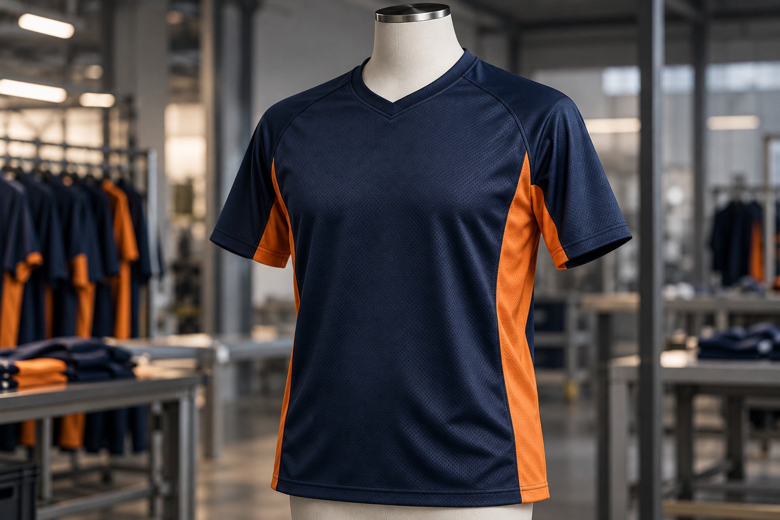 Navy sports jersey with orange side panels on a mannequin